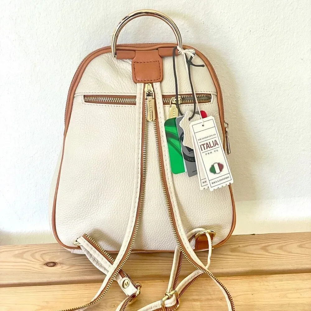 NWT Valentina Genuine Ivory & Tan Pebble Italian Leather Convertible Backpack